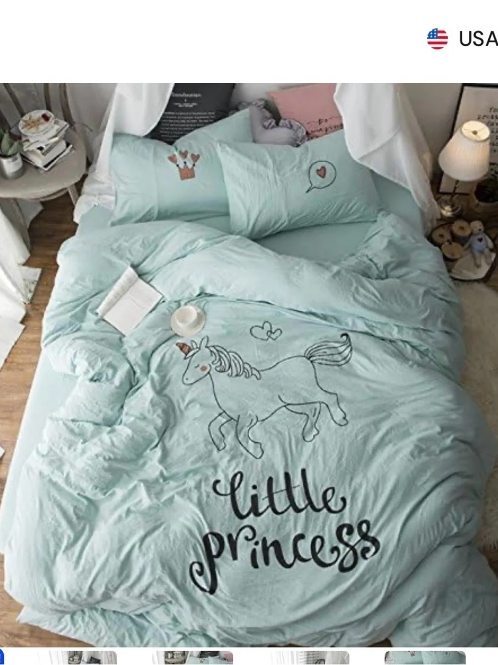 Little Princess Unicorn Mint Duvet Cover Set full